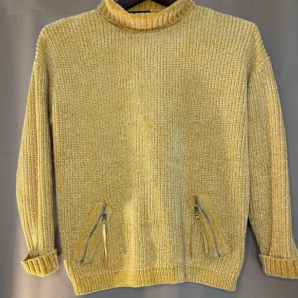 Elena Wang Womens Sweater Sm Mustard Yellow Mock Neck Ribbed Decorative Pockets - Picture 2 of 8
